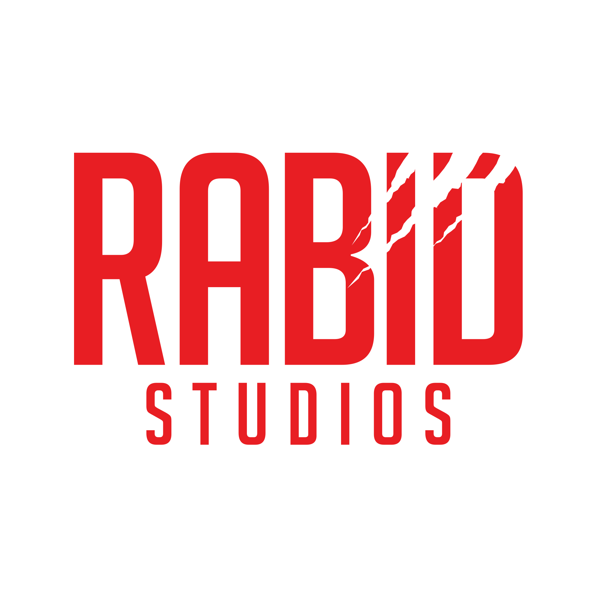 The image contains rabid studios logo in red color with white background.